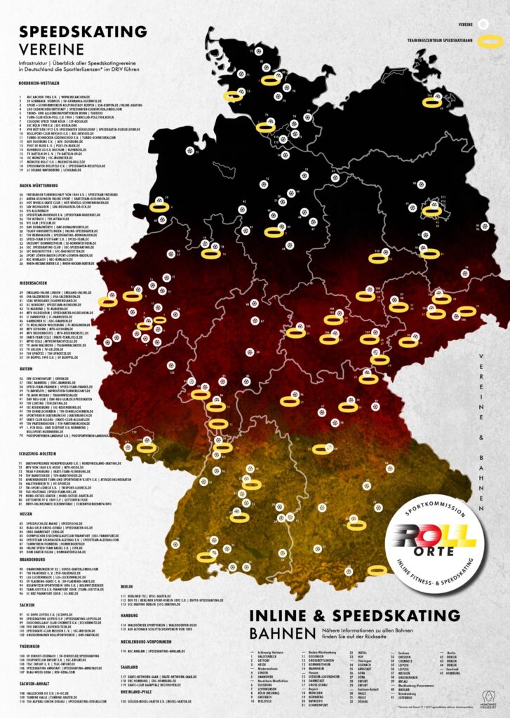 Die Karte zeigt die Inline-Speedskating-Vereine in Deutschland, ebenso die Bahnen (Quelle: DRIV Speedskating, Stand 12/2024)